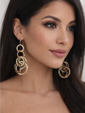 Gold Hammered Multi Ring Drop Earrings Statement Dangle